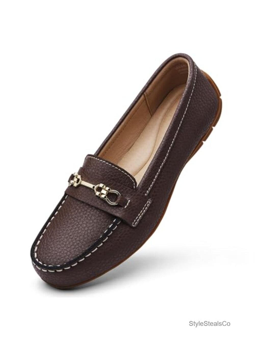 Genuine Leather Loafers with Gold Buckle, Memory Foam Slip-On Shoes